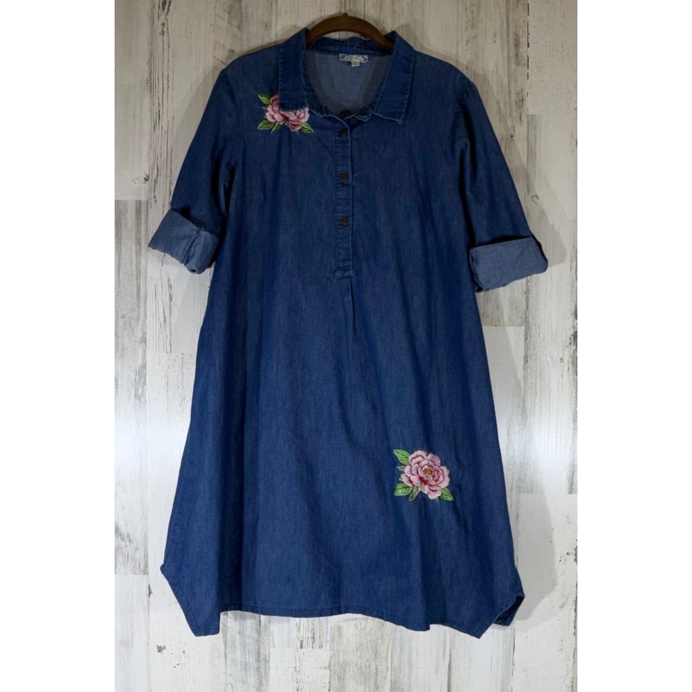 J Gee Tunic Dress Size Large Blue Denim Floral Embroidered Roll Tab Sleeve READ